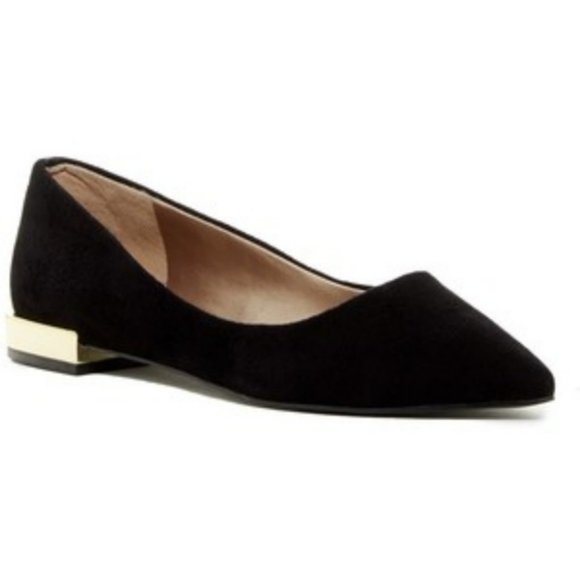 New! Tahari Eda black suede pointed toe flats / shoes with gold trim, block heel - Picture 13 of 13